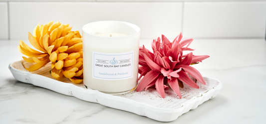 vegan soy candle in white glass tumbler sandalwood & patchouli fragrance