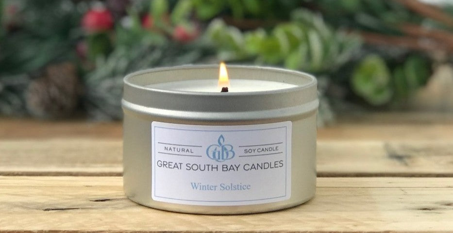 Winter Solstice 6oz soy candle in silver tin with cover