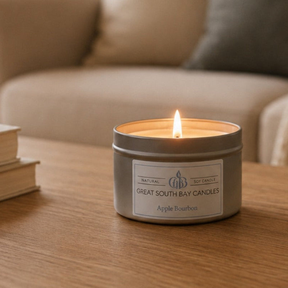 Apple Bourbon scented candle in 6oz. silver travel tin.