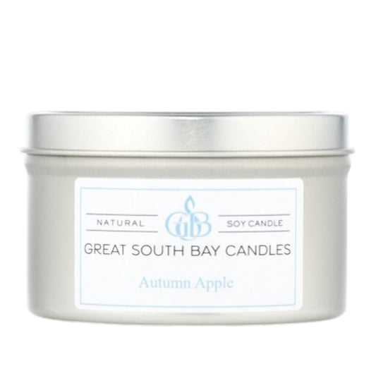 Great South Bay Candles Autumn Apple candle in a silver tin with a silver lid on a white background