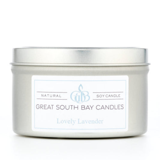 Great South Bay Candle Company lavender candle on a white background.