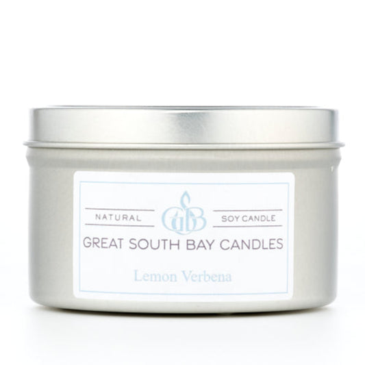 Great South Bay Candles Lemon Verbena candle in a silver tin on a white background.