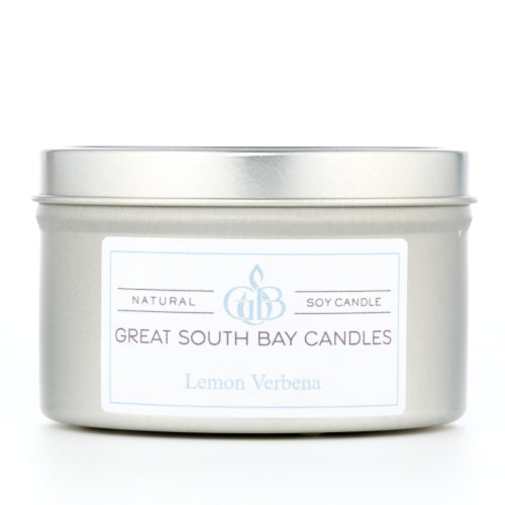 Great South Bay Candles Lemon Verbena candle in a silver tin on a white background.