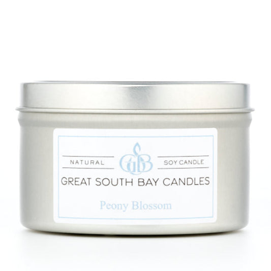 Great South Bay Candles soy candle in a metal tin on a white background.