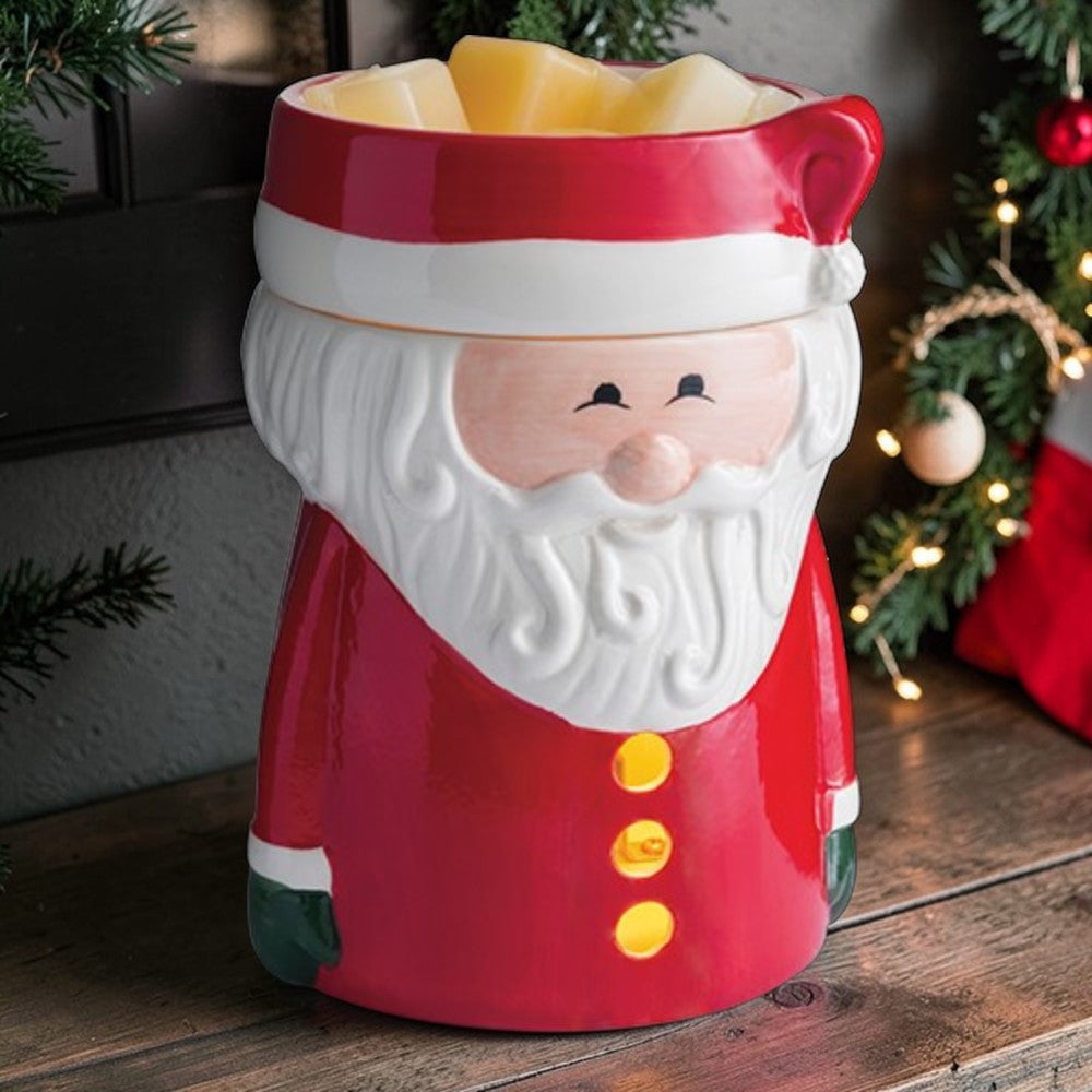 Santa Claus wax warmer on a wooden table in a hallway.