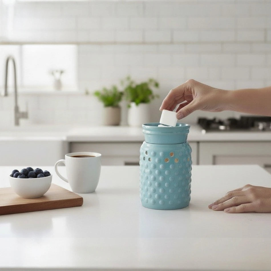 Person putting a wax melt in the hobnail wax warmer on a kitchen counter.