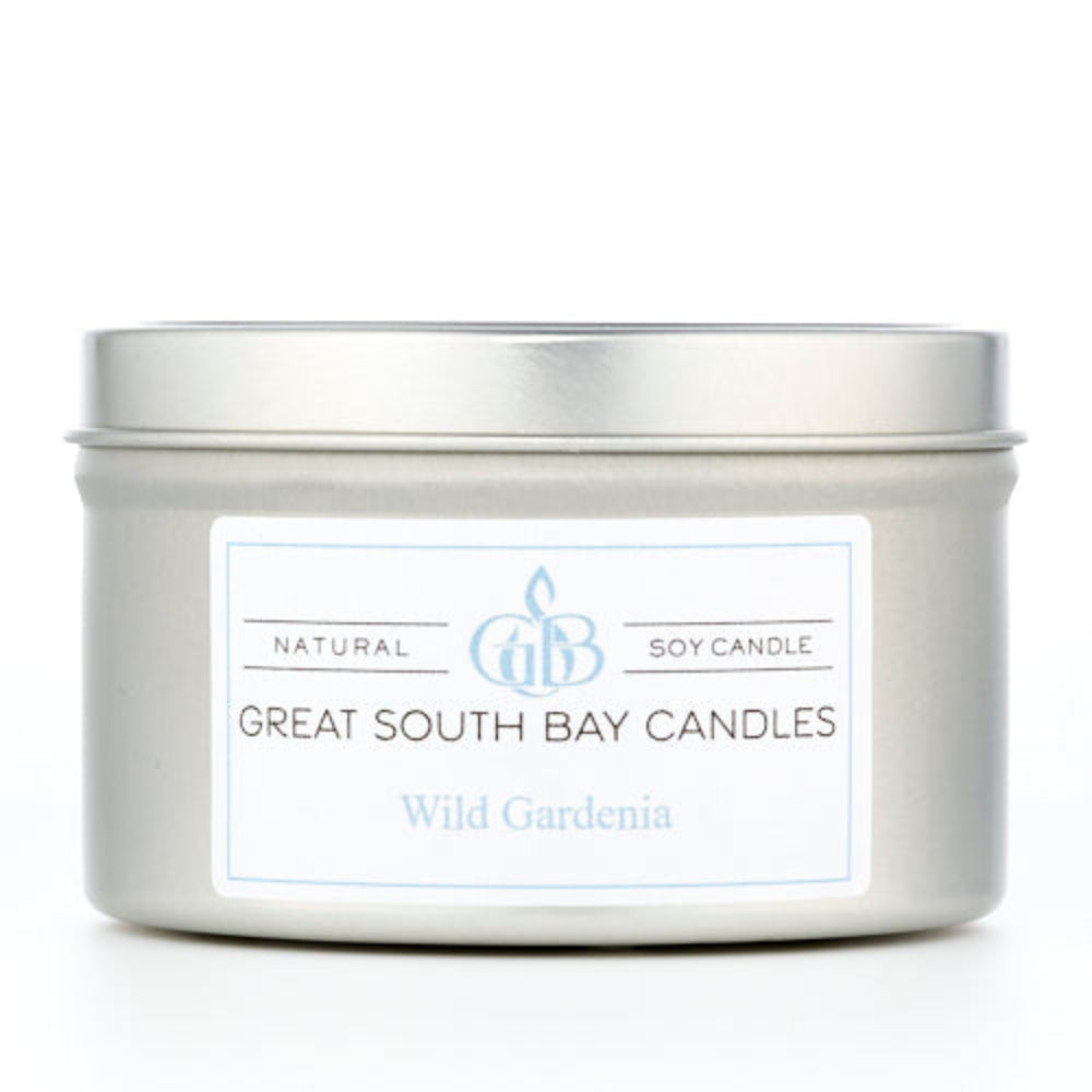 Wild Gardenia scented soy wax candle in a 6oz silver tin.