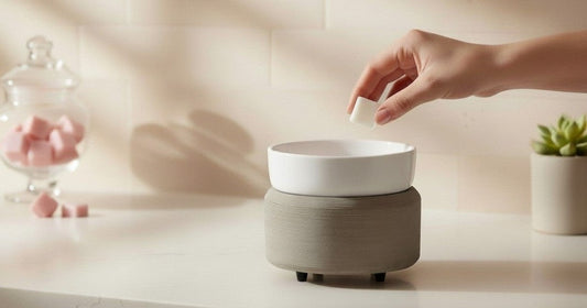 Grey concrete wax warmer on a countertop.