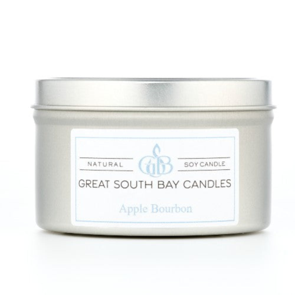 Apple Bourbon scented soy wax candle in a 6oz silver travel tin.