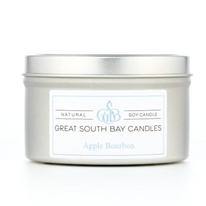 Apple Bourbon scented soy wax candle in a 6oz silver travel tin.