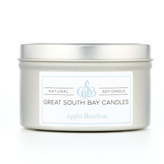 Apple Bourbon scented soy wax candle in a 6oz silver travel tin.