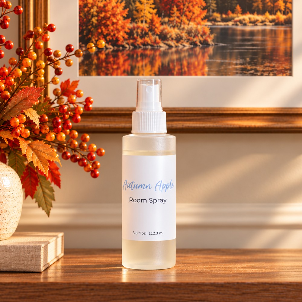 A bottle of Autumn Apple room spray stands on a wooden table in a warm, autumn-themed setting. The scene includes a vase of orange berries on the left and a framed picture of an autumn forest in the background.