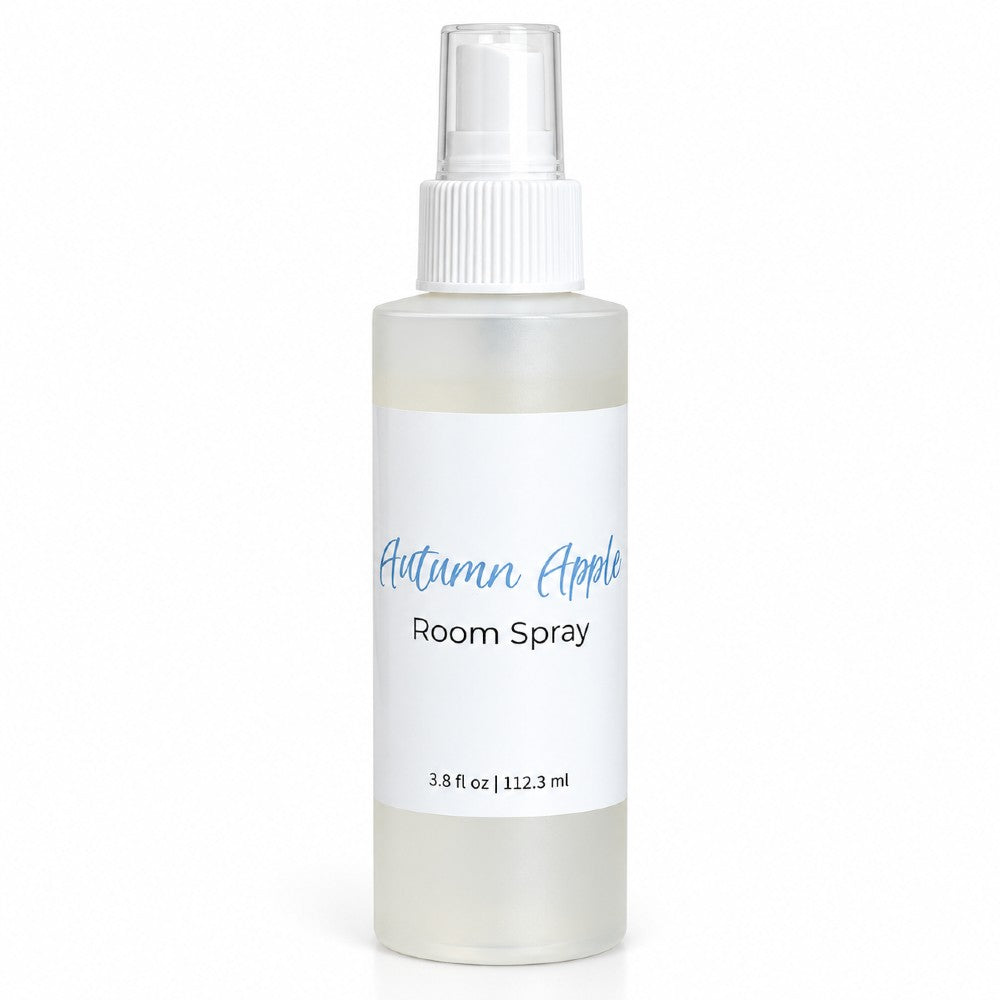 A 3.8 fl oz room spray bottle with a white spray cap and a white label that reads 'Autumn Apple' in blue script and 'Room Spray' in black text on a white background.