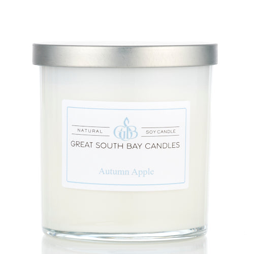 Great South Bay Candles Autumn Apple candle with a silver lid on a white background.