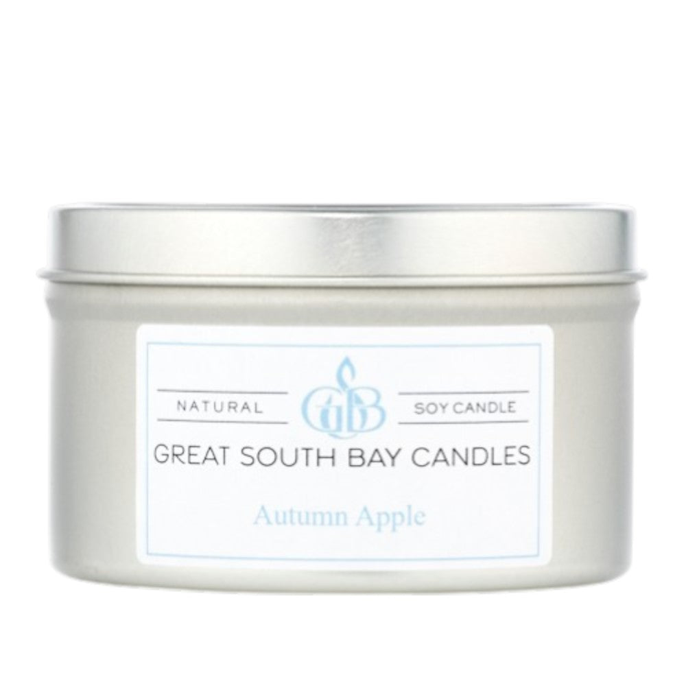 Great South Bay Candles Autumn Apple candle in a silver tin with a silver lid on a white background