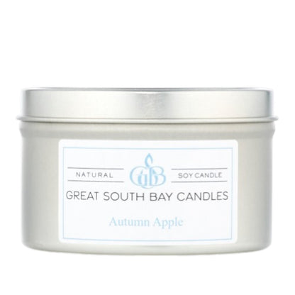Great South Bay Candles Autumn Apple candle in a silver tin with a silver lid on a white background