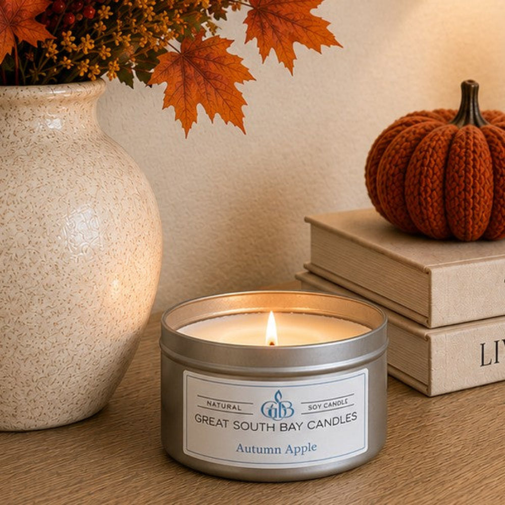 Autumn Apple scented soy candle in a 6oz travel tin.