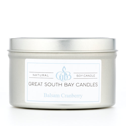 Great South Bay Candles Balsam Cranberry candle in a metal tin on a white background.