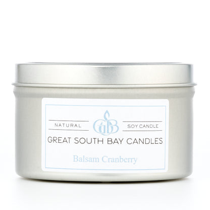 Great South Bay Candles Balsam Cranberry candle in a metal tin on a white background.