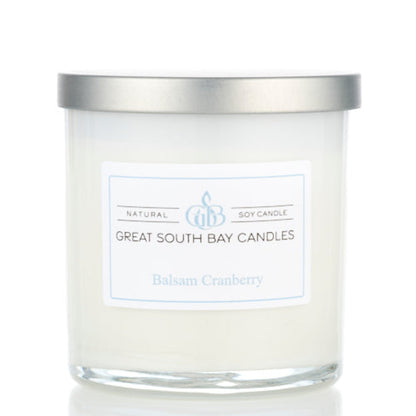 Great South Bay Candles Balsam Cranberry candle with a silver lid on a white background.
