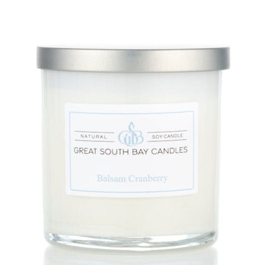 Great South Bay Candles Balsam Cranberry candle with a silver lid on a white background.