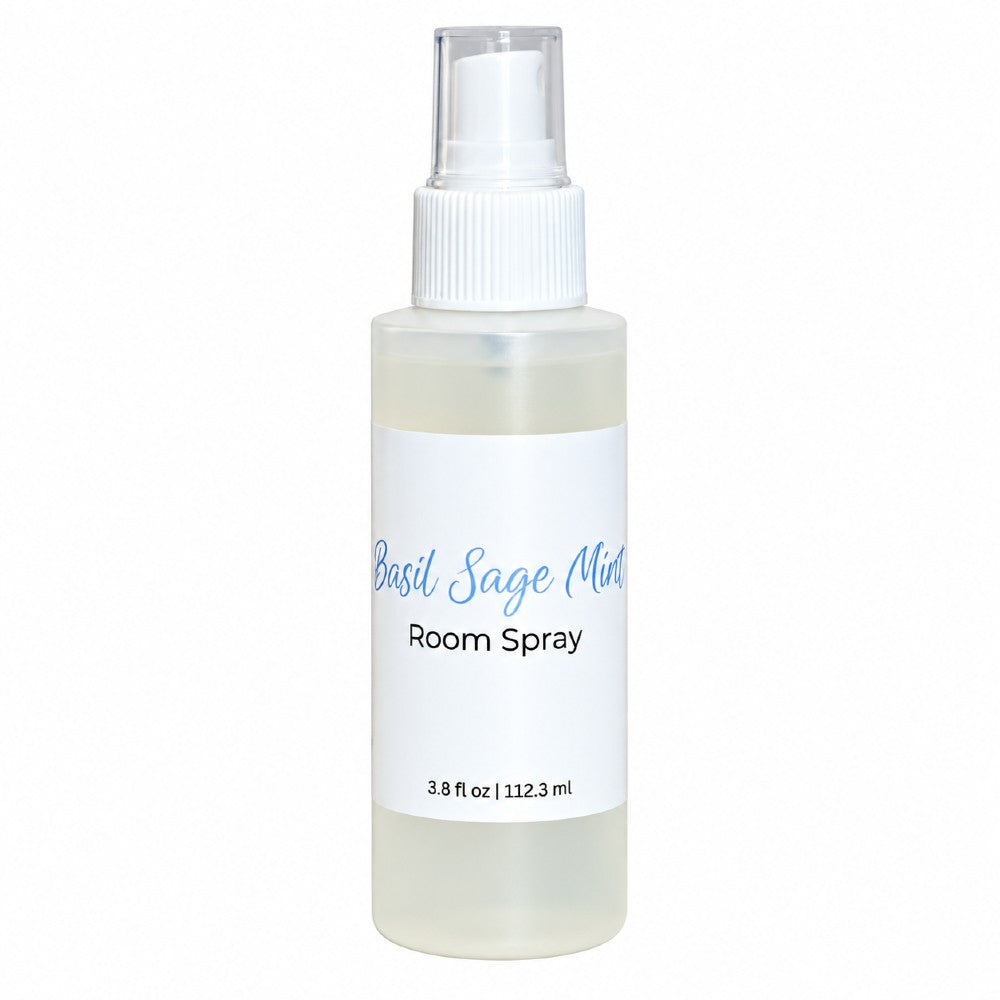 Basil sage mint room spray bottle on a white background.