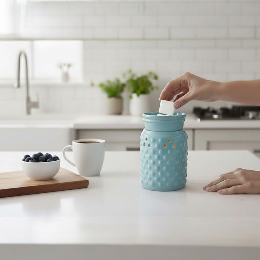 Person putting a wax melt in a blue Hobnail candle warmer.