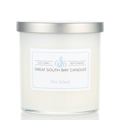 Great South Bay Candles Fire Island beach scented candle with a silver lid on a white background.