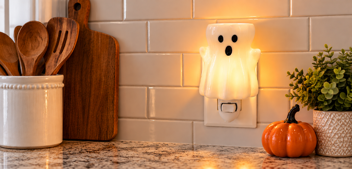 A ghost candle wax warmer plugged into a wall outlet on a kitchen counter, glowing with warm yellow light against a white subway tile backsplash. A small orange pumpkin, potted greenery, wooden utensils, and a cutting board are visible around it.