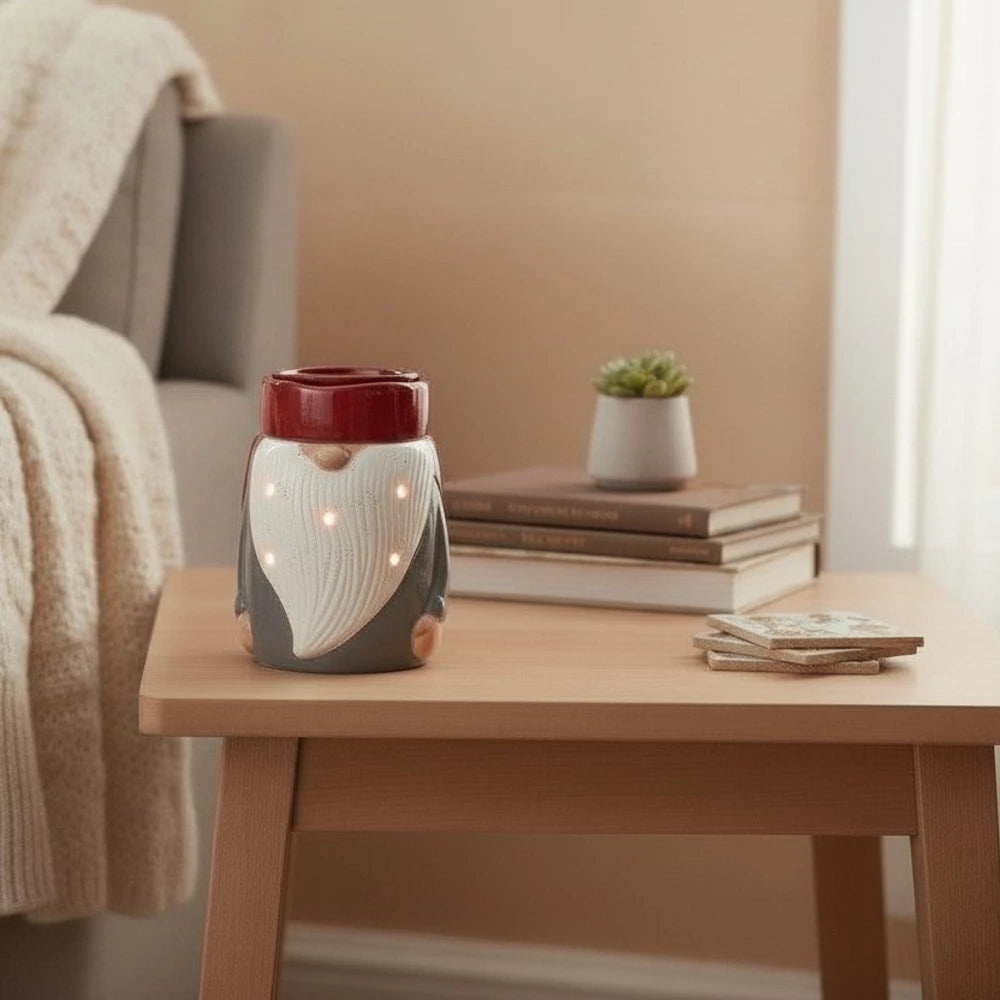 Decorative gnome wax warmer on a wooden table with books and a plant in the background.
