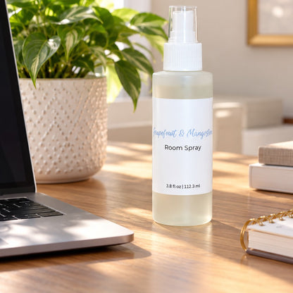 A 3.8 fl. oz bottle of grapefruit and mangosteen citrus room spray on an office desk. Books and computer on desktop surrounding room spray.