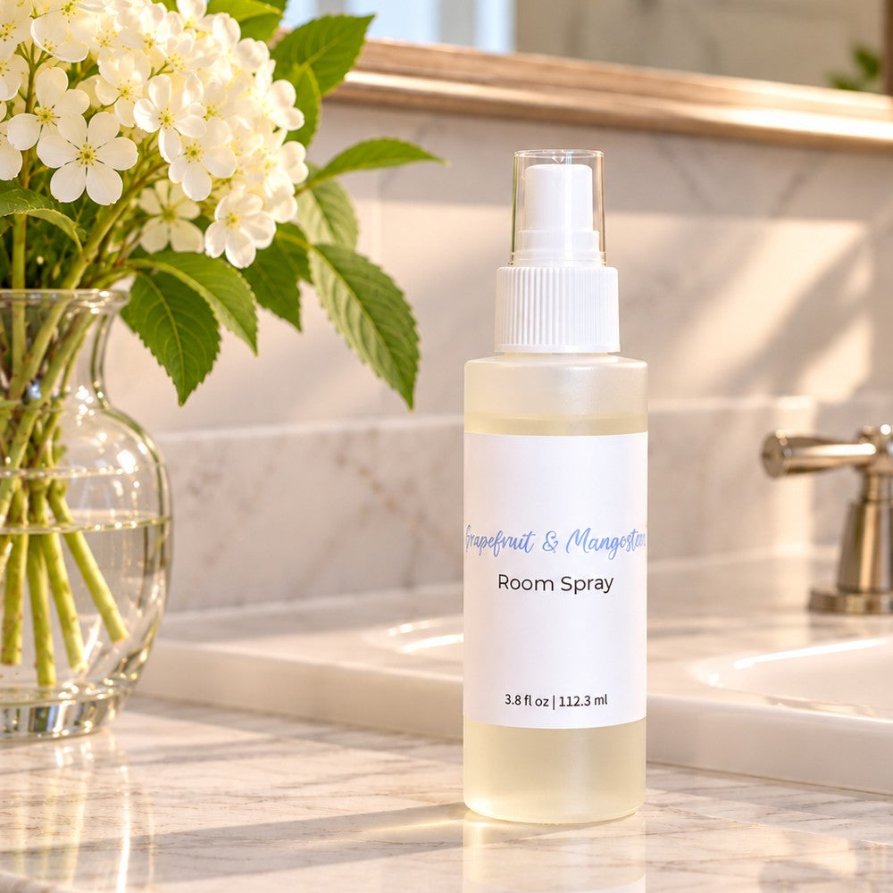 A bottle of room spray labeled Grapefruit and Mangosteen room spray on a marble bathroom counter beside a glass vase of white flowers. The product is shown in a real bathroom setting with a sink and mirror visible.