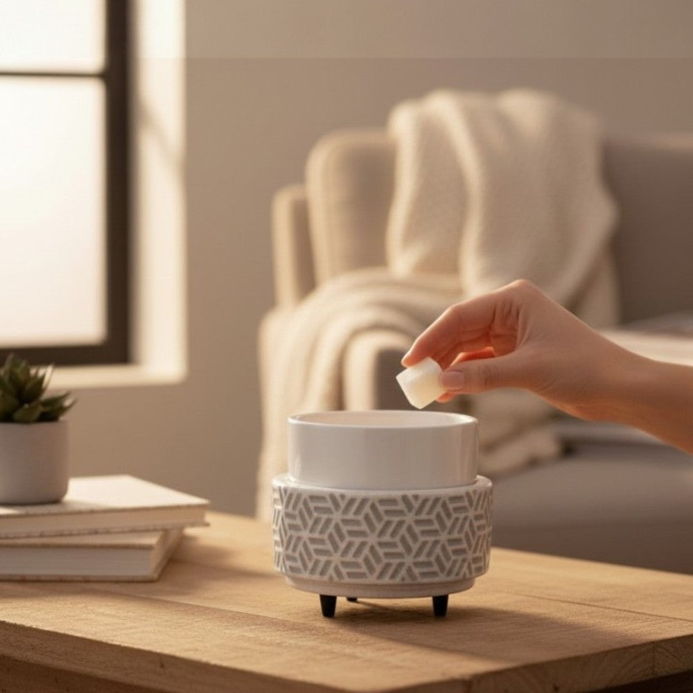 Person using a candle wax warmer on a wooden table with a cozy living room background.