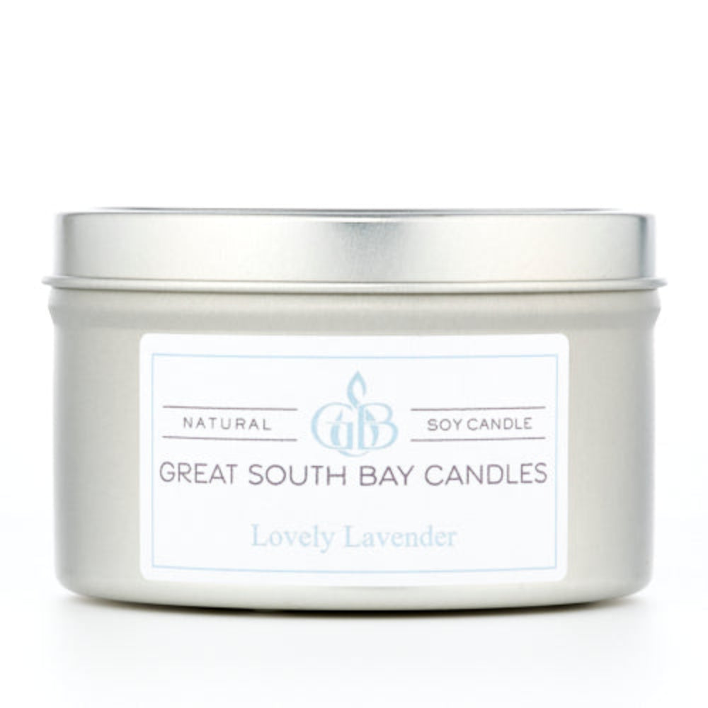 Great South Bay Candle Company lavender candle on a white background.