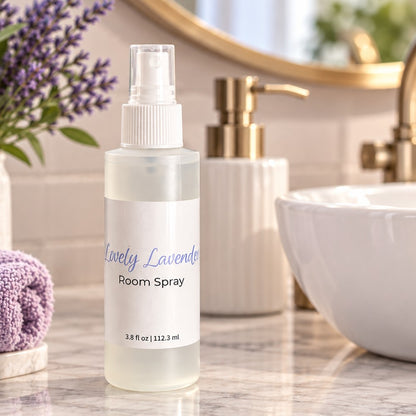 A bottle of Lovely Lavender room spray stands on a marble countertop in a bathroom setting, with a white sink, gold faucet, soap dispenser, and lavender flowers in the background.