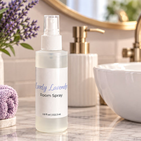 A bottle of Lovely Lavender room spray stands on a marble countertop in a bathroom setting, with a white sink, gold faucet, soap dispenser, and lavender flowers in the background.