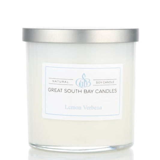 Great South Bay Candles Lemon Verbena candle with silver lid on a white background.