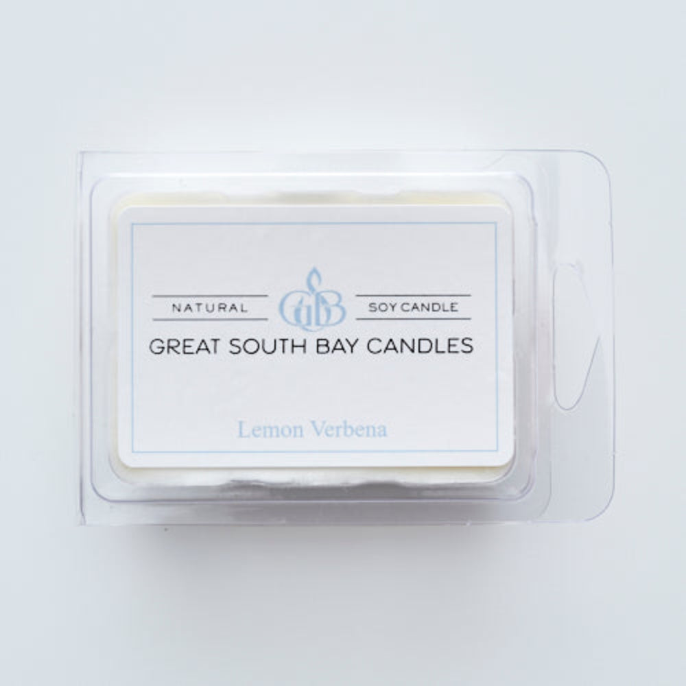 Great South Bay Candles lemon verbena wax melt in packaging on a light grey background.