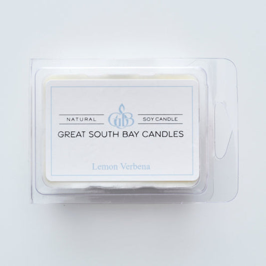 Great South Bay Candles lemon verbena wax melt in packaging on a light grey background.