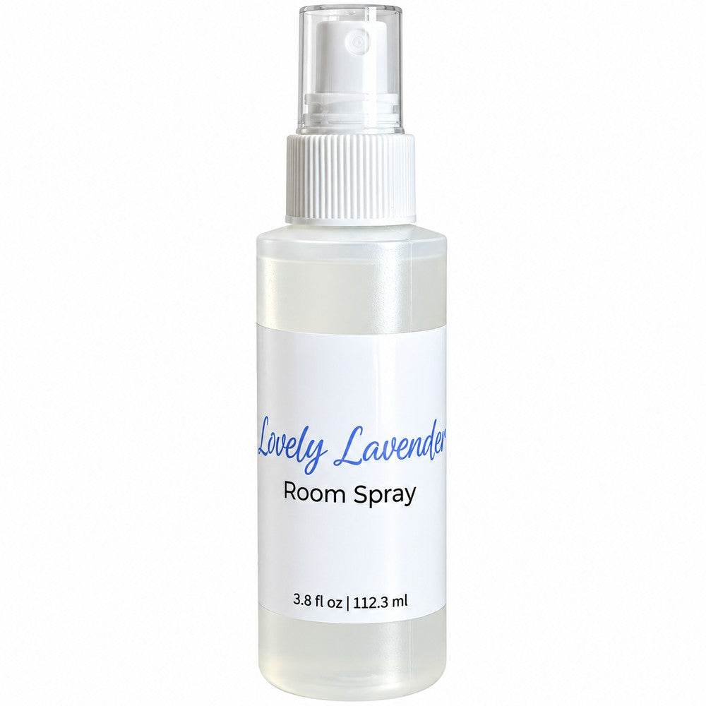 A frosted plastic room spray bottle with a white spray cap and a white label reading 'Lovely Lavender Room Spray' in blue and black text, on a white background.