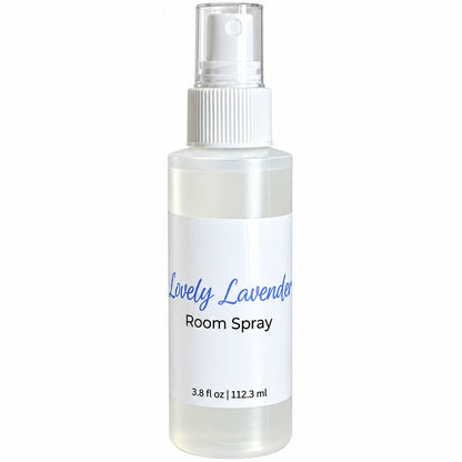 A frosted plastic room spray bottle with a white spray cap and a white label reading 'Lovely Lavender Room Spray' in blue and black text, on a white background.