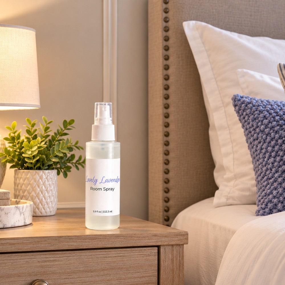 A bottle of Lovely Lavender room spray on a wooden nightstand next to a lit lamp and a small potted plant, with a bed featuring white and blue pillows in the background.