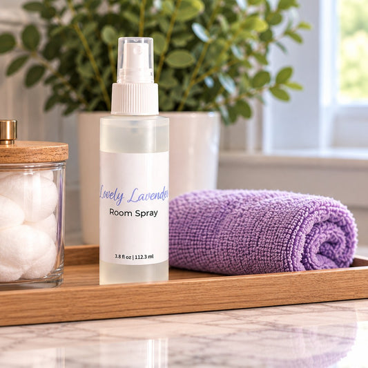 A bottle of Lovely Lavender room spray stands on a wooden tray beside a purple towel and a glass jar of cotton balls, with a blurred indoor plant and bright window in the background.
