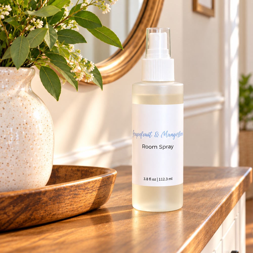 A frosted plastic room spray bottle with a white spray top and a white label reading Grapefruit & Mangosteen room spray sits on a wooden table in a bright, styled interior. A speckled ceramic vase with green leaves and small white flowers is on a wooden tray beside it.