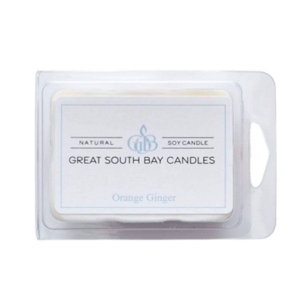 Great South Bay Candles Orange Ginger wax melt in packaging on a white background.