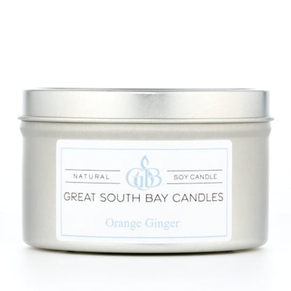 Great South Bay Candles Orange Ginger candle in a silver tin.