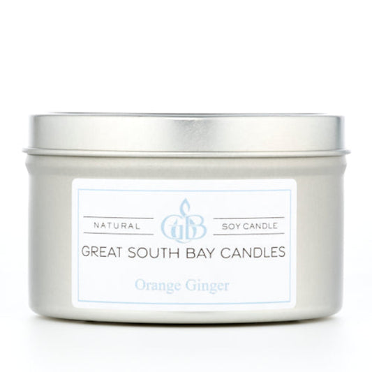 Great South Bay Candles Orange Ginger candle in a silver tin.