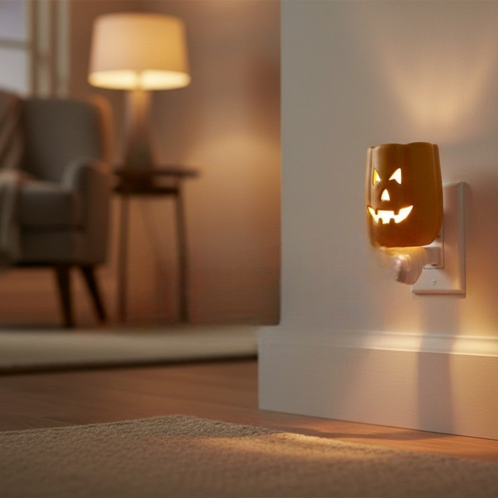 Jack O Lantern candle wax warmer plugged into a living room wall outlet.