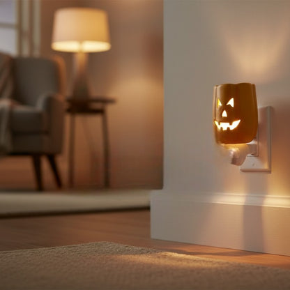 Jack O Lantern candle wax warmer plugged into a living room wall outlet.
