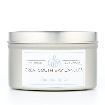Pumpkin Spice scented candle in a 6oz silver tin.